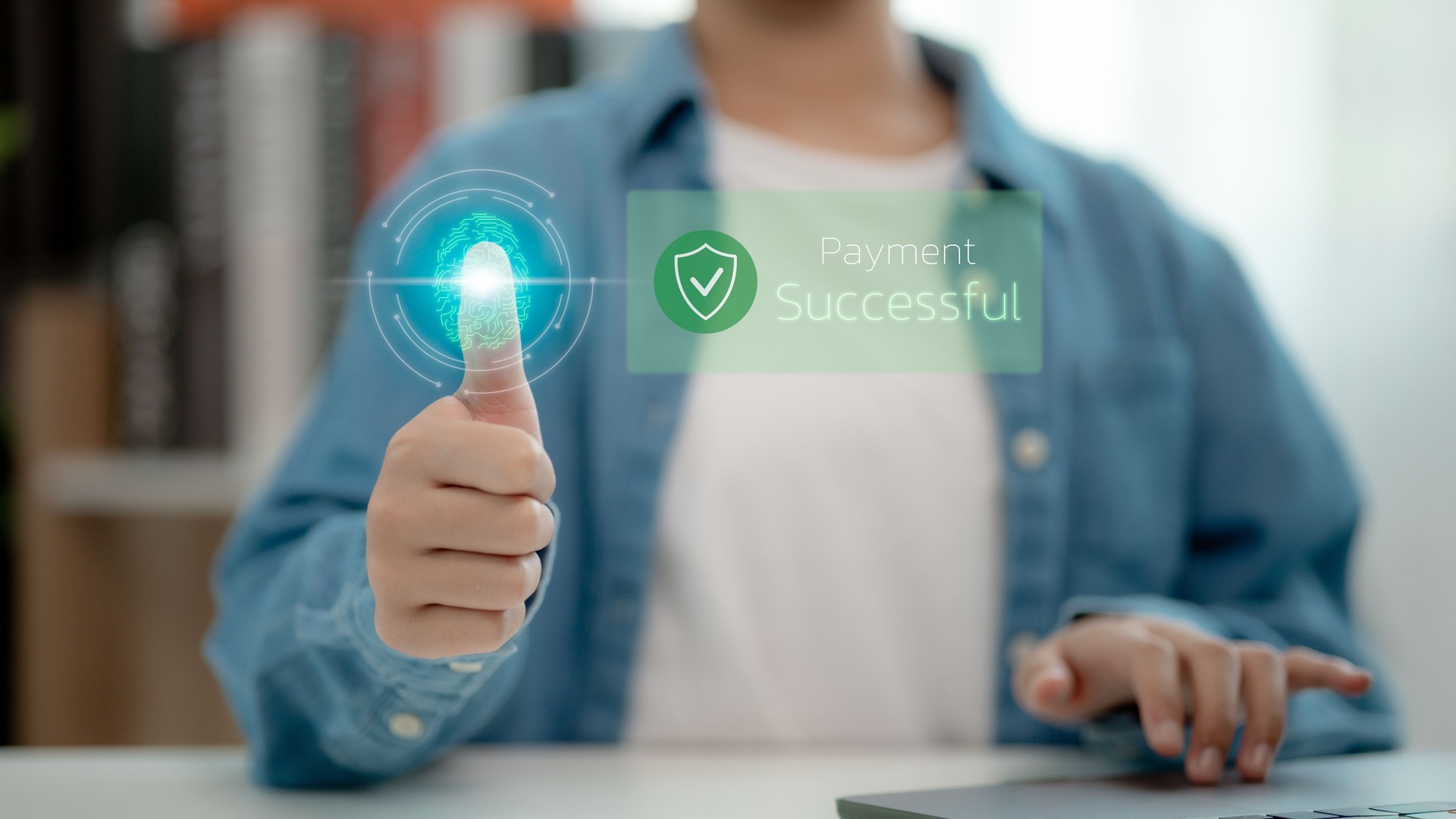 Digital Identity Payment Security Protection. A man using fingerprint authentication for secure payment confirmation, showcasing modern technology and biometric innovation.