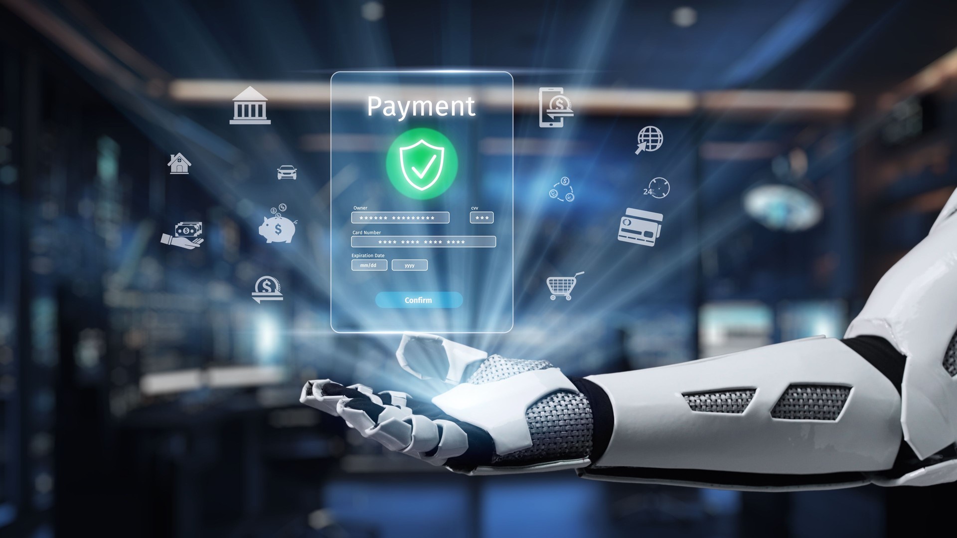 Futuristic robotic hand presenting digital payment interface with security features and various financial icons for high-tech financial transactions. Auvana